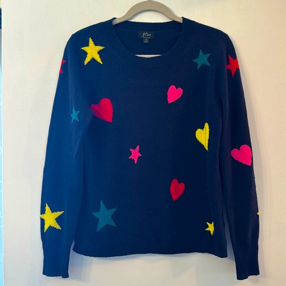 J Crew Small Cashmere Dark Blue crew neck long sleeve hearts & stars sweater - Picture 1 of 7